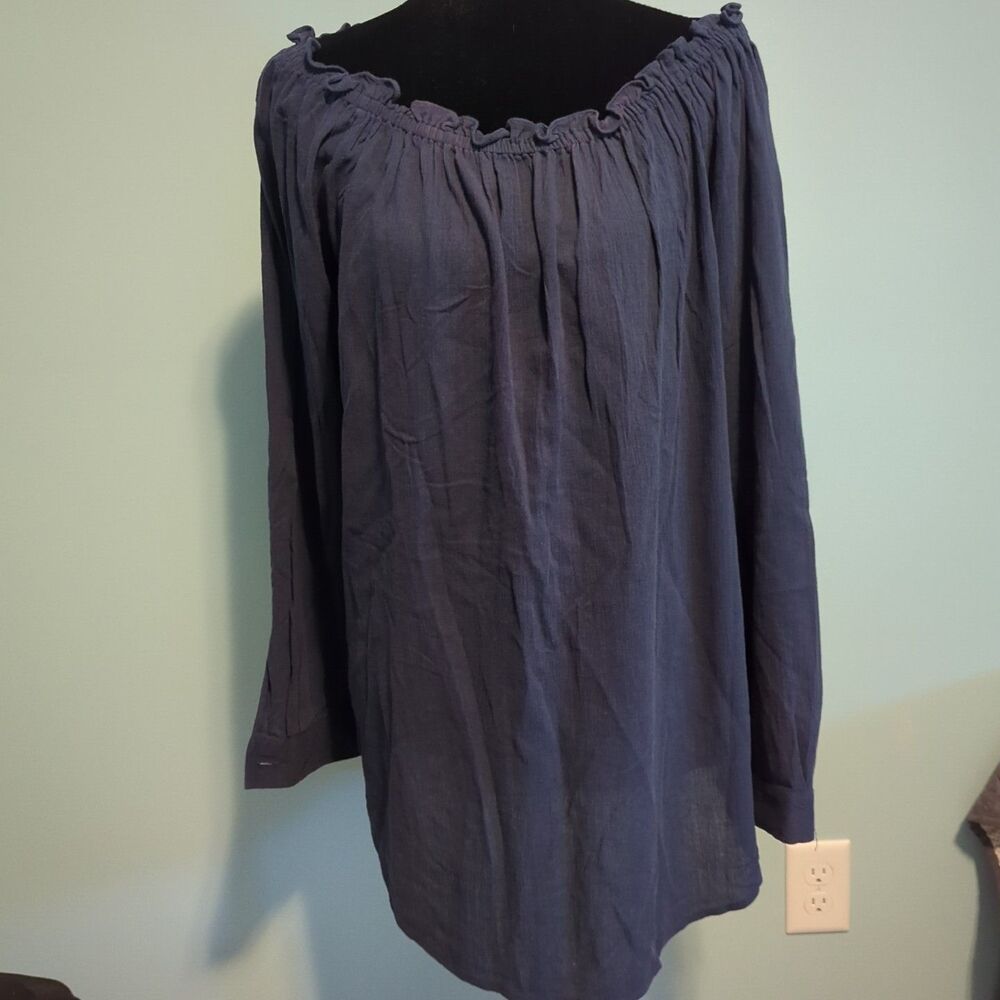 Michael Kors Women's Blouse Top Off Shoulder Long Sleeve Navy Size L Cotton